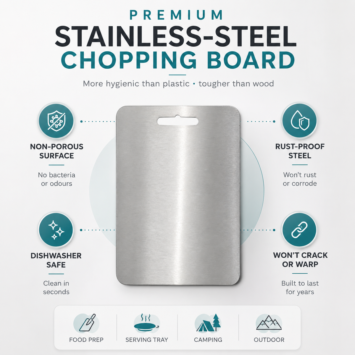 Titanium Stainless Steel Chopping Board – 34 x 23 cm